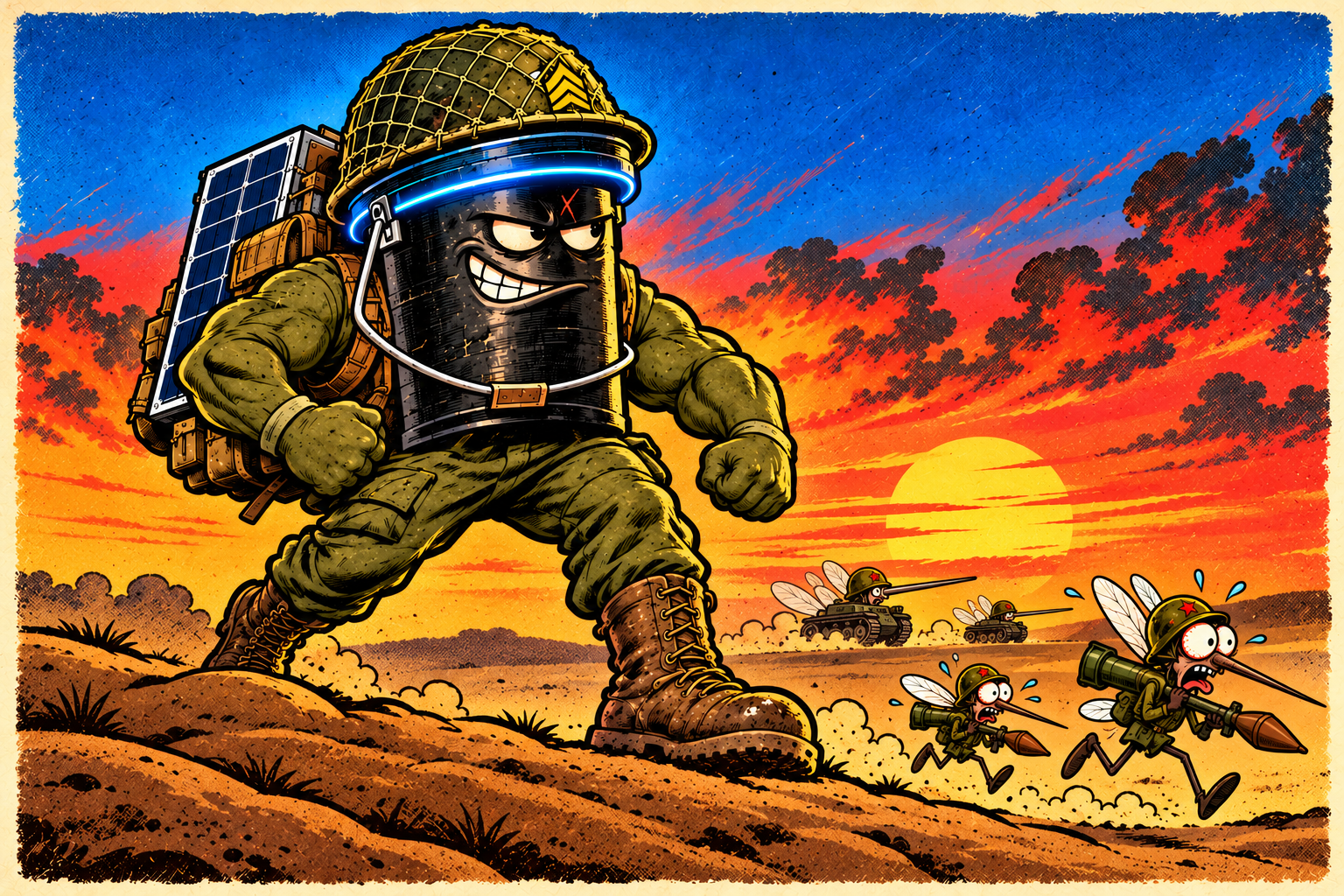 DOOM the muscular black bucket with green arms, glowing blue rim, helmet and solar-panel pack advances as mosquito RPG squads and tanks retreat.