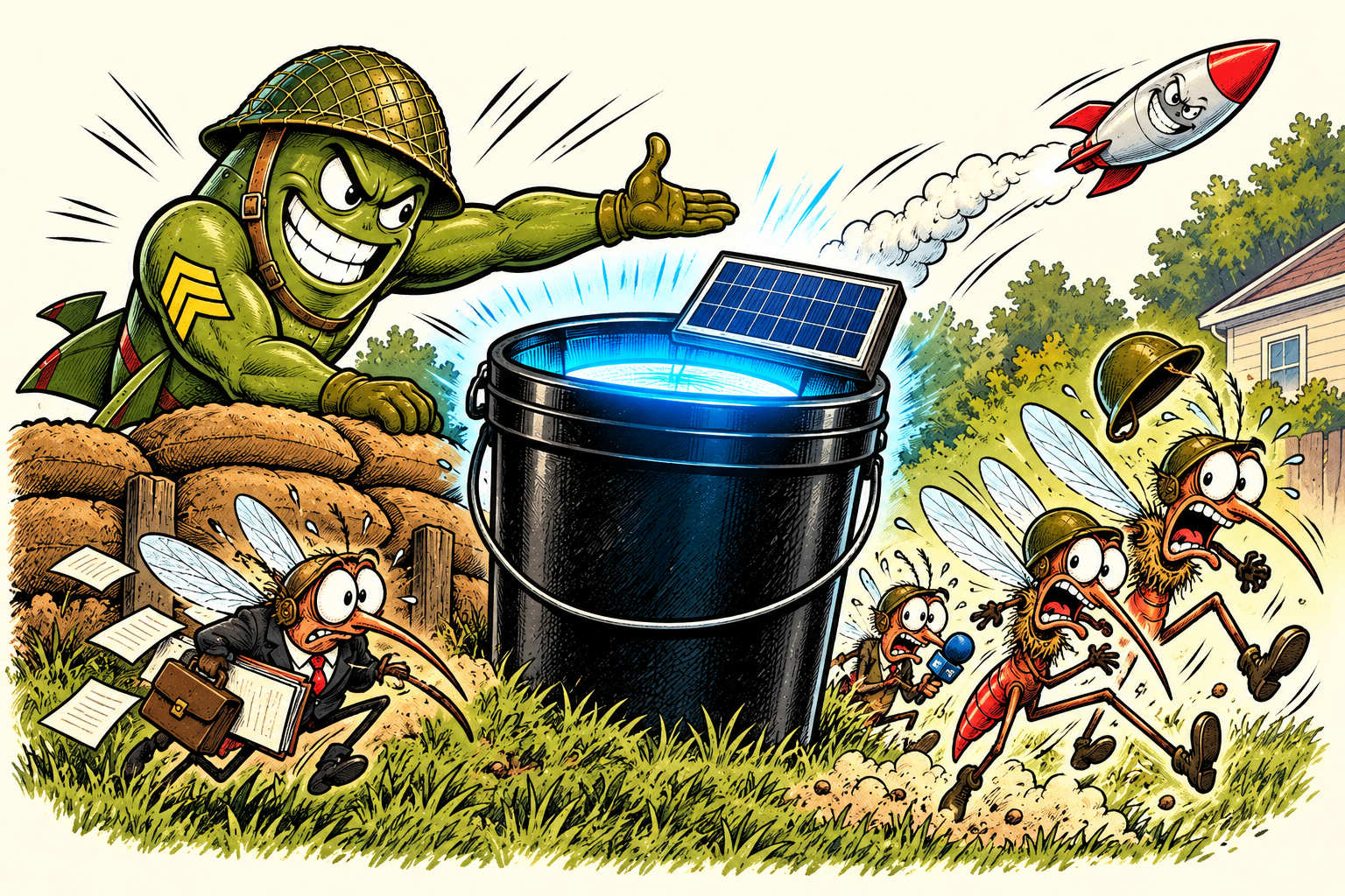 Illustrated DOOM Bucket concept with blue light and solar panel.